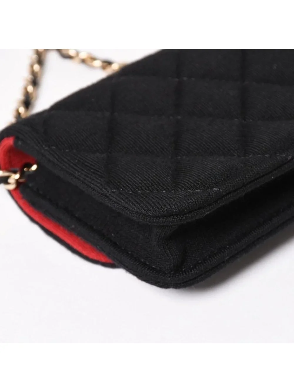 Chanel Mini Quilted Chain Shoulder Bag CC Logo Stand Black Gold Cotton